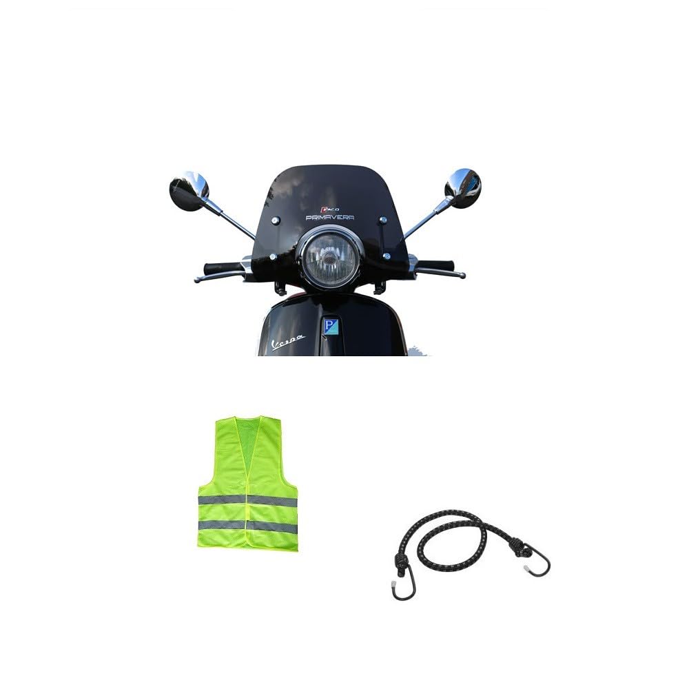 Kompatibel mit Vespa Primavera Jahr 2019 Windschutzscheibe FACO für Scooter Spoiler dunkel rauchig mit verchromten Stäben PMMA Air Flow Winddicht + Montageset H23.5-L35.5-S.MM von MOTO SPORT MONDO