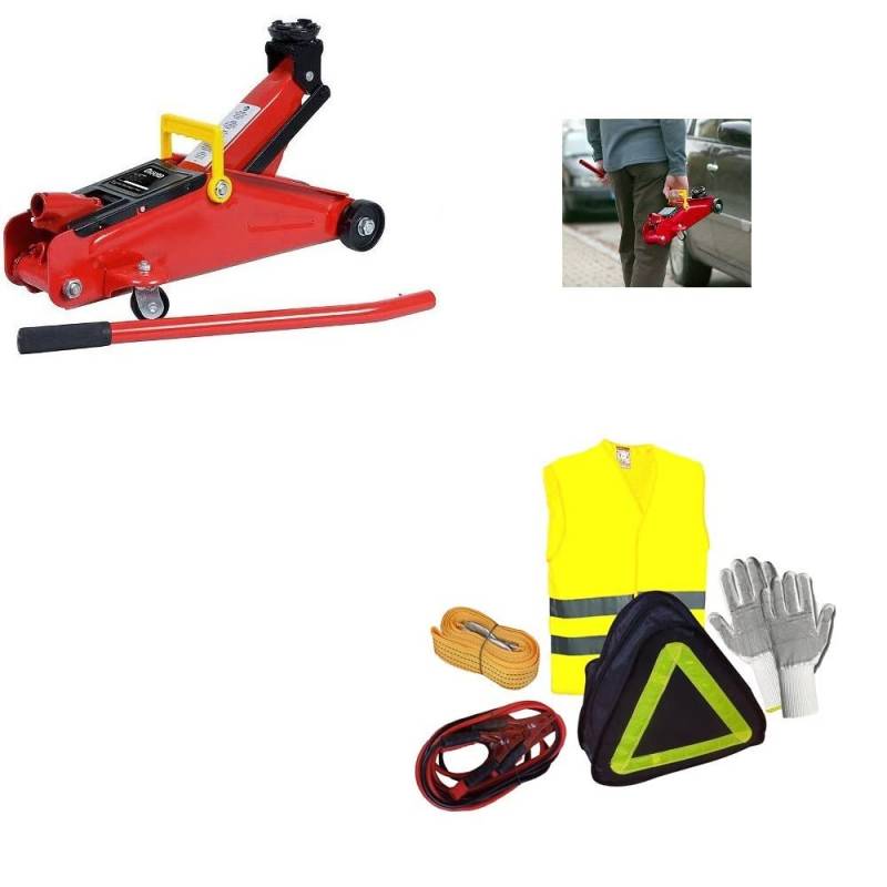 SOS Notfall-Set Quad Wagenheber hydraulisch + SOS-Erste-Hilfe-Set für Auto, Motorrad, Roller, Quad, Handschuhe, Batteriekabel, Abschleppseil, Leuchtweste von MOTO SPORT MONDO