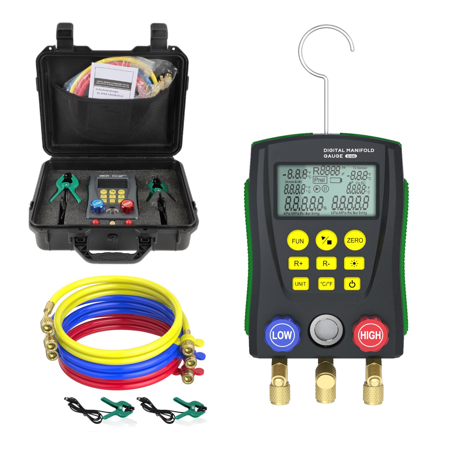 Digitale Monteurhilfe Manifold Gauge Set - HVAC Kältemittel-Leck-Detektor, eingebaute 93 Kältemittel-Datenbank, hochpräzises Kälte-Reparatur-Werkzeug mit 2 Temperatur-Clips & 4 Schläuchen 1.5m von MOTOCOCHE