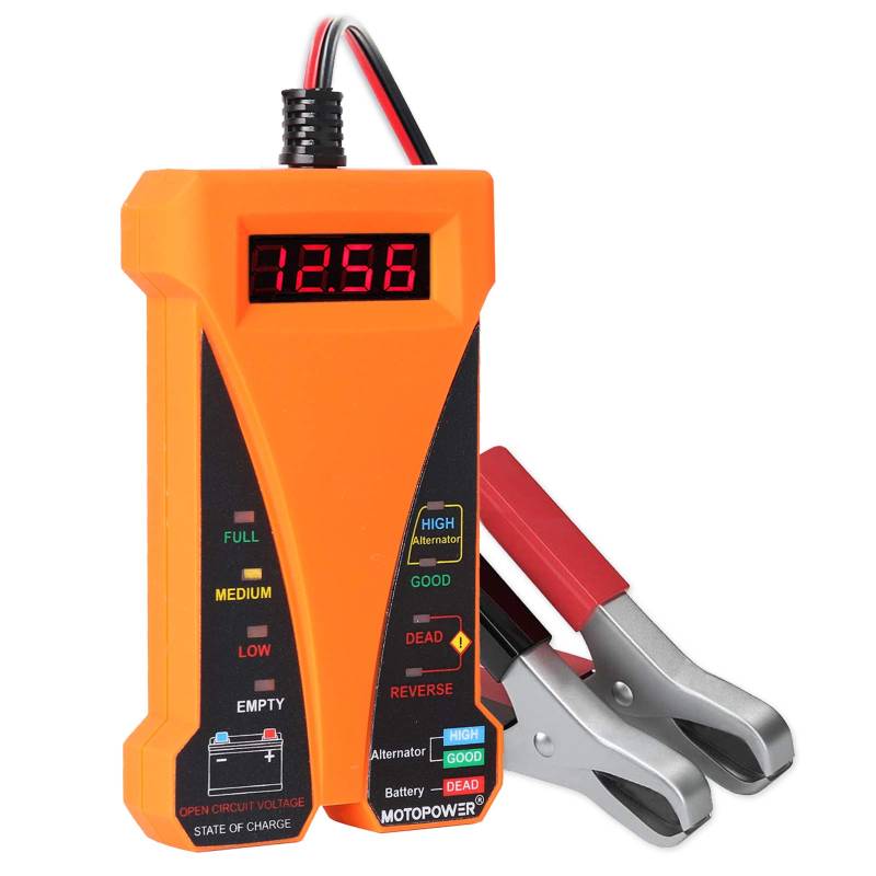 MOTOPOWER MP0514D Digitaler Batterietester, Voltmeter und Lichtmaschine, Ladesystem, Analyzer mit LCD-Display und LED-Anzeige, orangefarbener Gummilack von MOTOPOWER