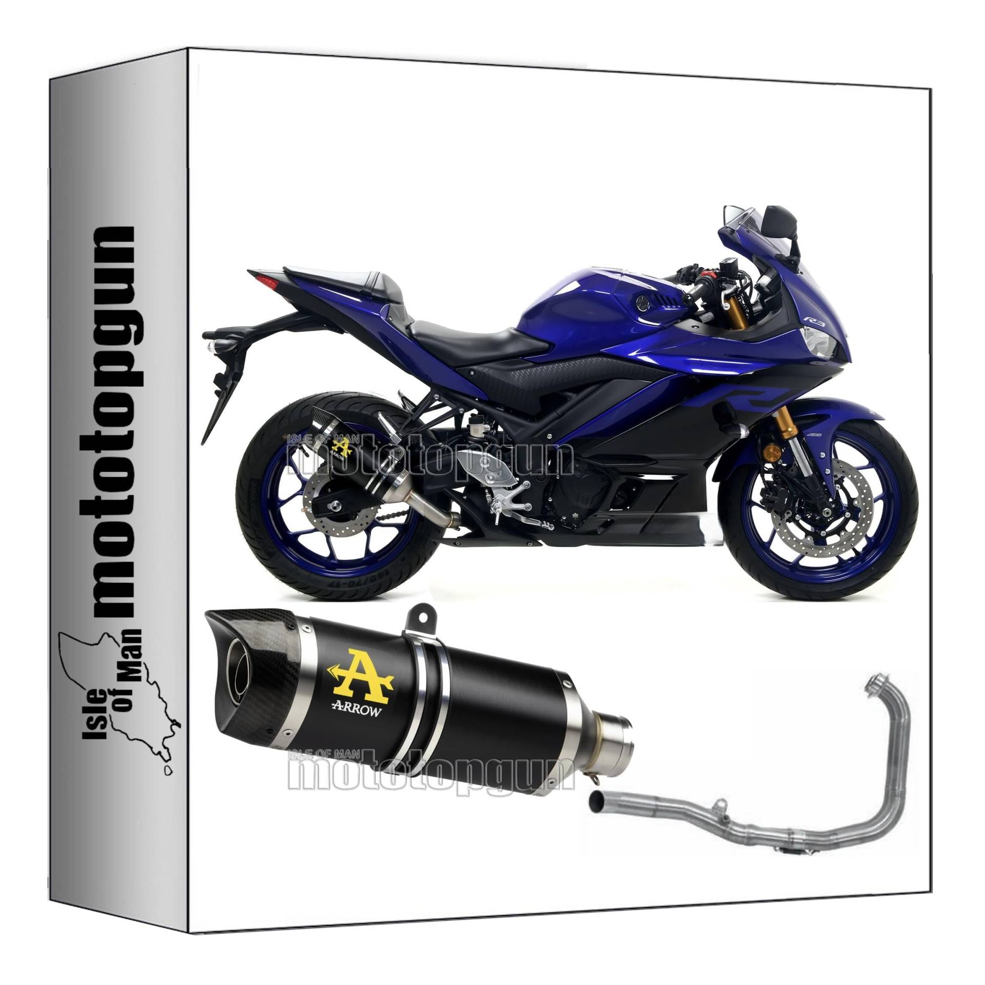 komplettanlage kein kat arrow thunder aus aluminium schwarz mit endkappe aus carby kompatibel mit yamaha yzf r3 2021 2022 2023 mototopgun 71831akn + 71639mi von MOTOTOPGUN