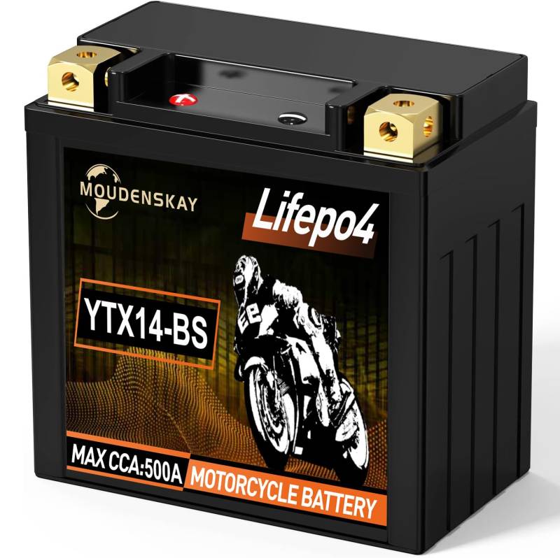 MOUDENSKAY Lithium Motorrad Batterie 12V Lithium Powersports Batterie mit BMS (YTX14-BS 12.8V 8Ah 500CCA) LiFePO4 Motorrad Batterie Starterbatterien für Motorräder, ATV, UTV, Wasserfahrzeuge, etc von MOUDENSKAY