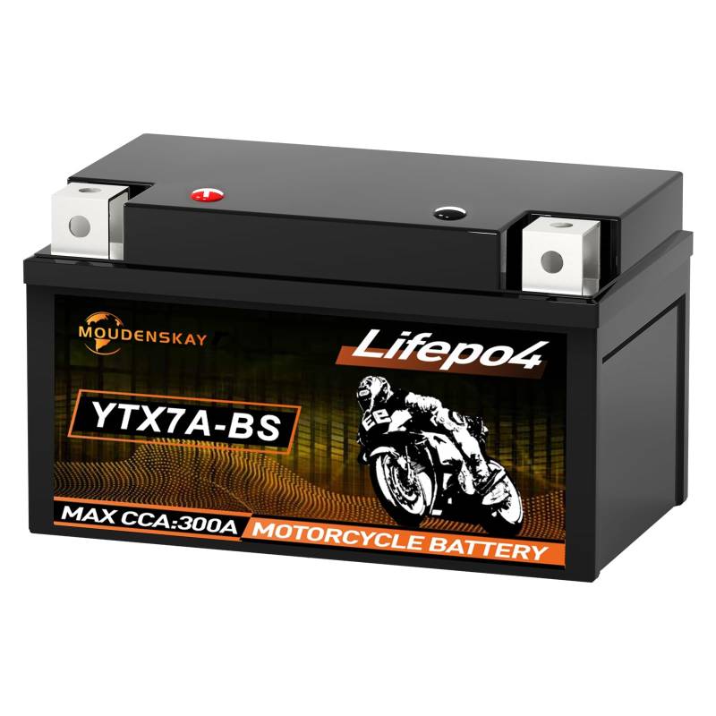 MOUDENSKAY Lithium Motorrad Batterie 12V Lithium Powersports Batterie mit BMS (YTX7A-BS 12.8V 3Ah 300A) LiFePO4 Motorrad Batterie Starterbatterien für Motorräder, ATV, UTV, Wasserfahrzeuge, etc von MOUDENSKAY