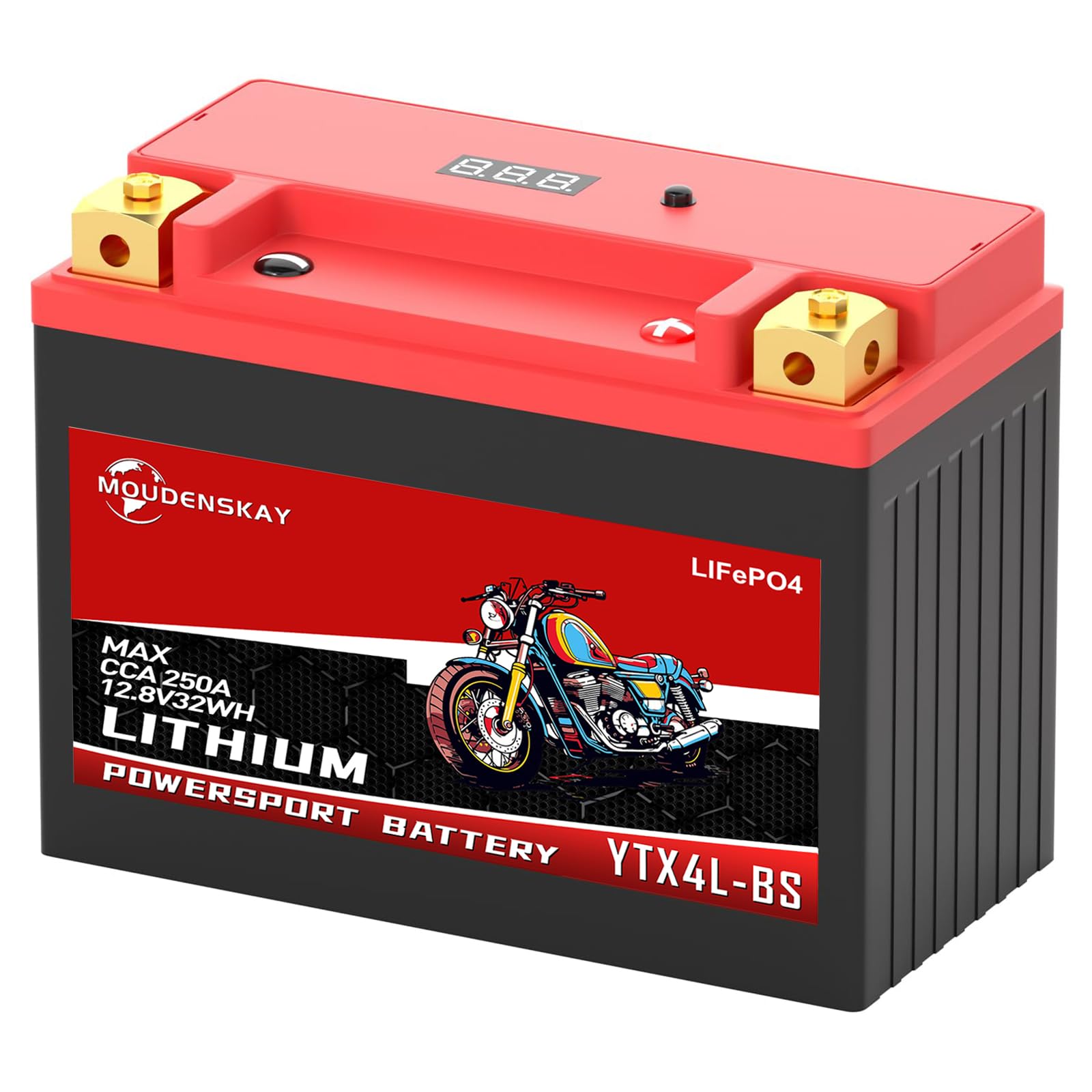 MOUDENSKAY Lithium Motorrad Batterie 12V Lithium Powersports Batterie mit BMS und Anzeige 12.8V 2.5Ah 180~250CCA 32WH YTX4L-BS LiFePO4 Motorrad Batterie Starterbatterien für Motorräder,ATV,UTV etc von MOUDENSKAY