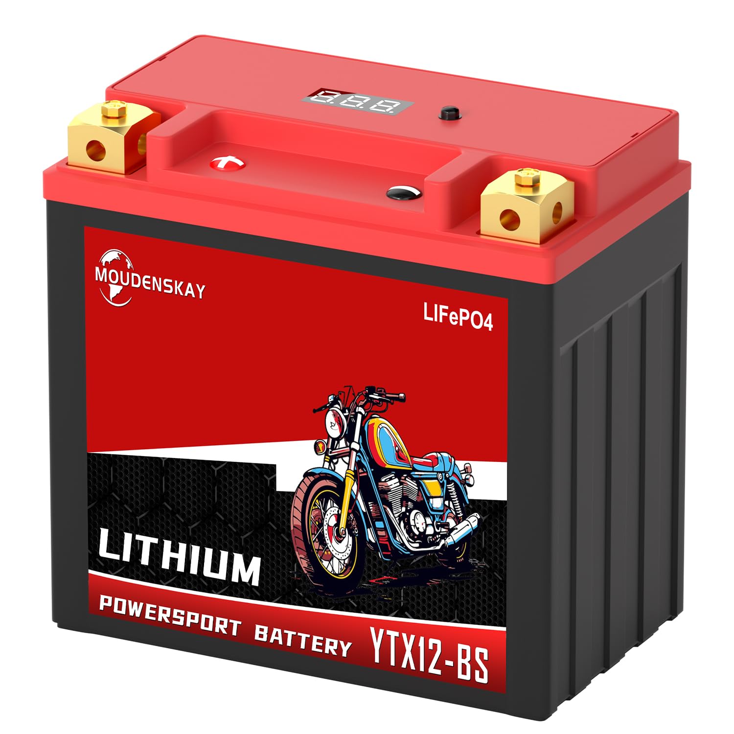 MOUDENSKAY Lithium Motorrad Batterie 12V Lithium Powersports Batterie mit BMS und Anzeige 76.8WH 12.8V 6Ah 450CCA YTX12-BS LiFePO4 Motorrad Starterbatterien für Motorräder,ATV,UTV,4 wheeler Motorrad von MOUDENSKAY