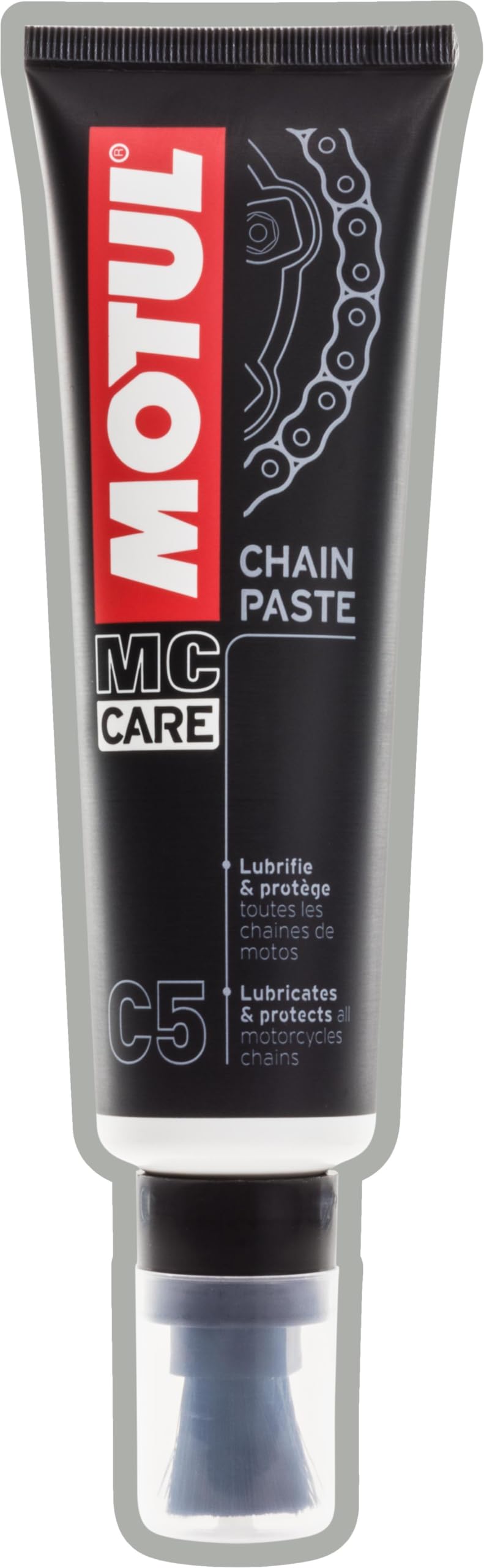 Motul Schmiermittel-Kettenfett für Straßenmotorräder, Tube mit Bürstenkopf zum Auftragen, Weiße Paste für einfache Anwendung, Geeignet für O-Ring, X-Ring, Z-Ring, MC Care Chain Paste C5, 150 ml von Motul