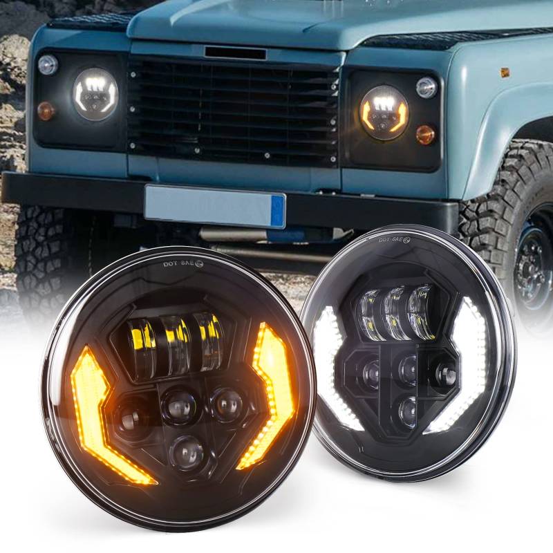 MOVOTOR 17,8 cm LED-Scheinwerfer, Defender-Scheinwerfer mit weißem Tagfahrlicht, bernsteinfarben, Blinker, Hi/Lo Beam, runde Scheinwerfer, kompatibel mit Defender 90 110 Jeep Wrangler JK JKU TJ CJ von MOVOTOR