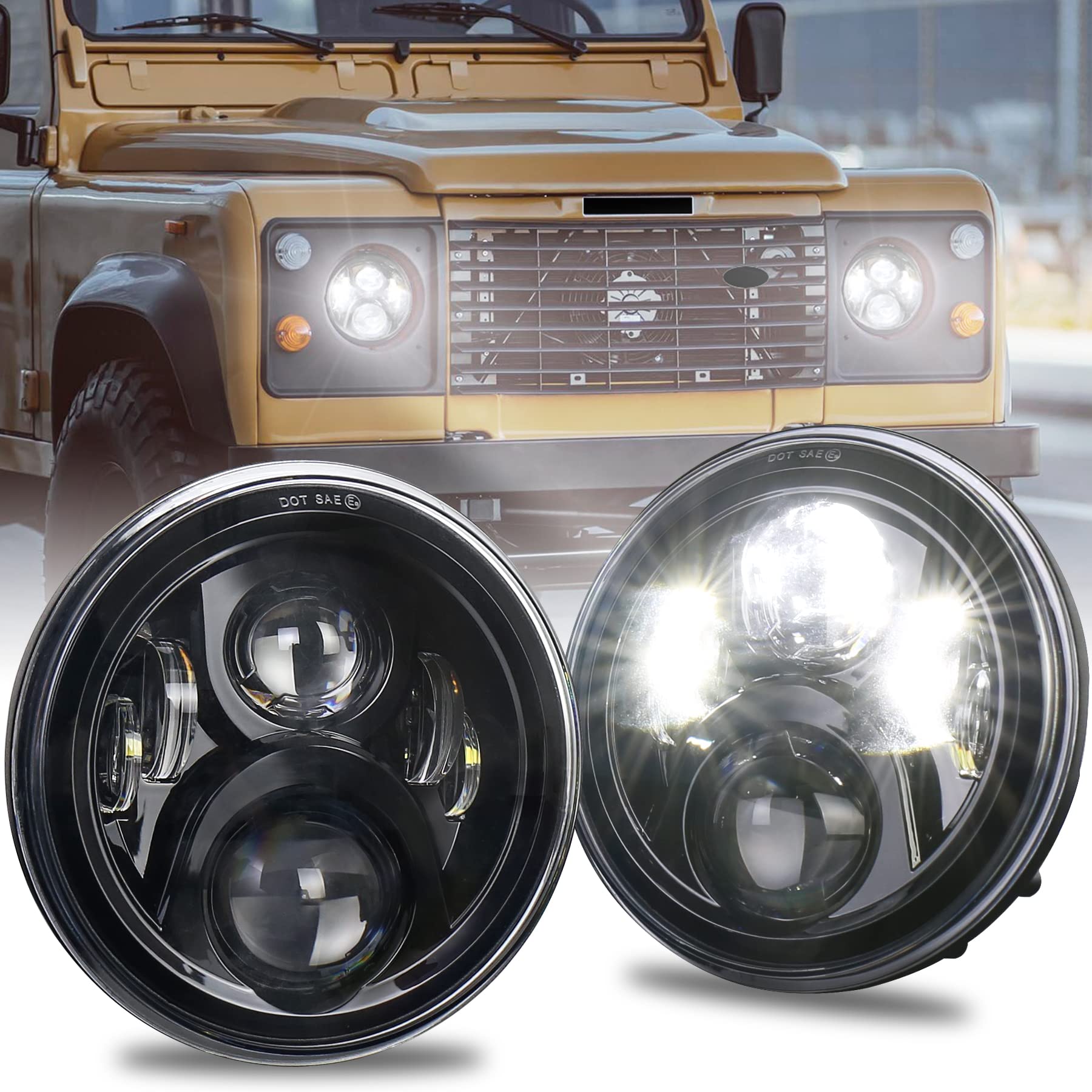 MOVOTOR 7 Zoll LED Scheinwerfer mit Weiß 7200ML Fernlicht Abblendlicht Fahrscheinwerfer Tagfahrlichter Bernsteinfarbenes Blinklicht kompatibel Defender Jeep Wrangler Hummer von MOVOTOR