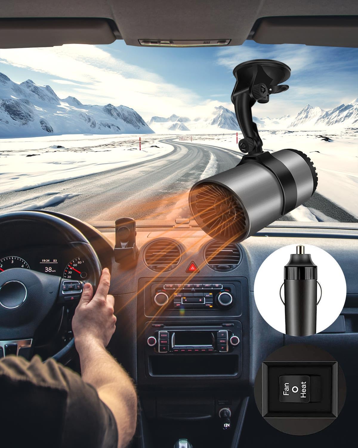 12V Tragbare Auto Heizung Entfroster, 150W 2 in 1 Auto Heizung und Ventilator Windschutzscheibe Demister Auftauheizung, 360° Drehbar, Car Heater Auto Demister mit Saugnapfständer und Netzkabel von MOXTOYU