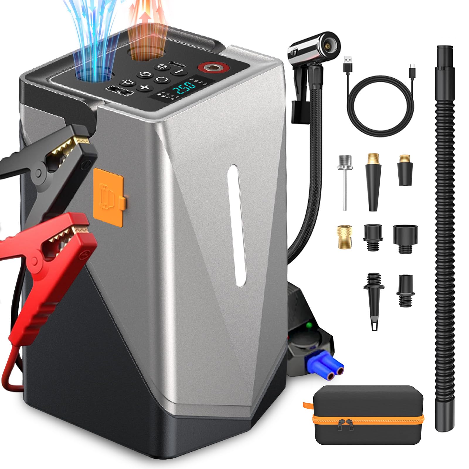 Starthilfe Powerbank mit 150PSI Kompressor, 3000A Auto Starthilfe für 12V Fahrzeuge (Bis zu 10L Benzin/8L Diesel), 6-in-1 Tragbare Starter Powerbank mit Starthilfekabel/LED Taschenlampe/USB Ausgänge von MQFORU