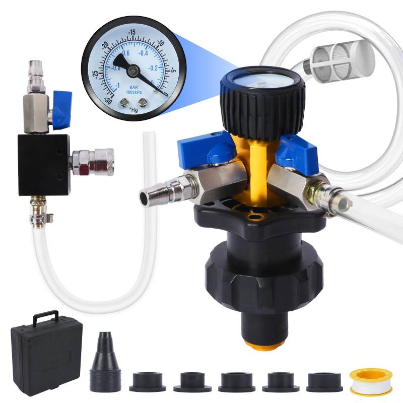 MR CARTOOL Kühlmittelsystem Nachfüllset mit 5 Adaptern und 2 EU Luftanschlüsse, KFZ Kühlmittel-Vakuum-Nachfüllset Kühlsystem Befüll Vakuum-Lecktester, Test Heizkörper und Heizkernleitungen für Lecks von MR CARTOOL