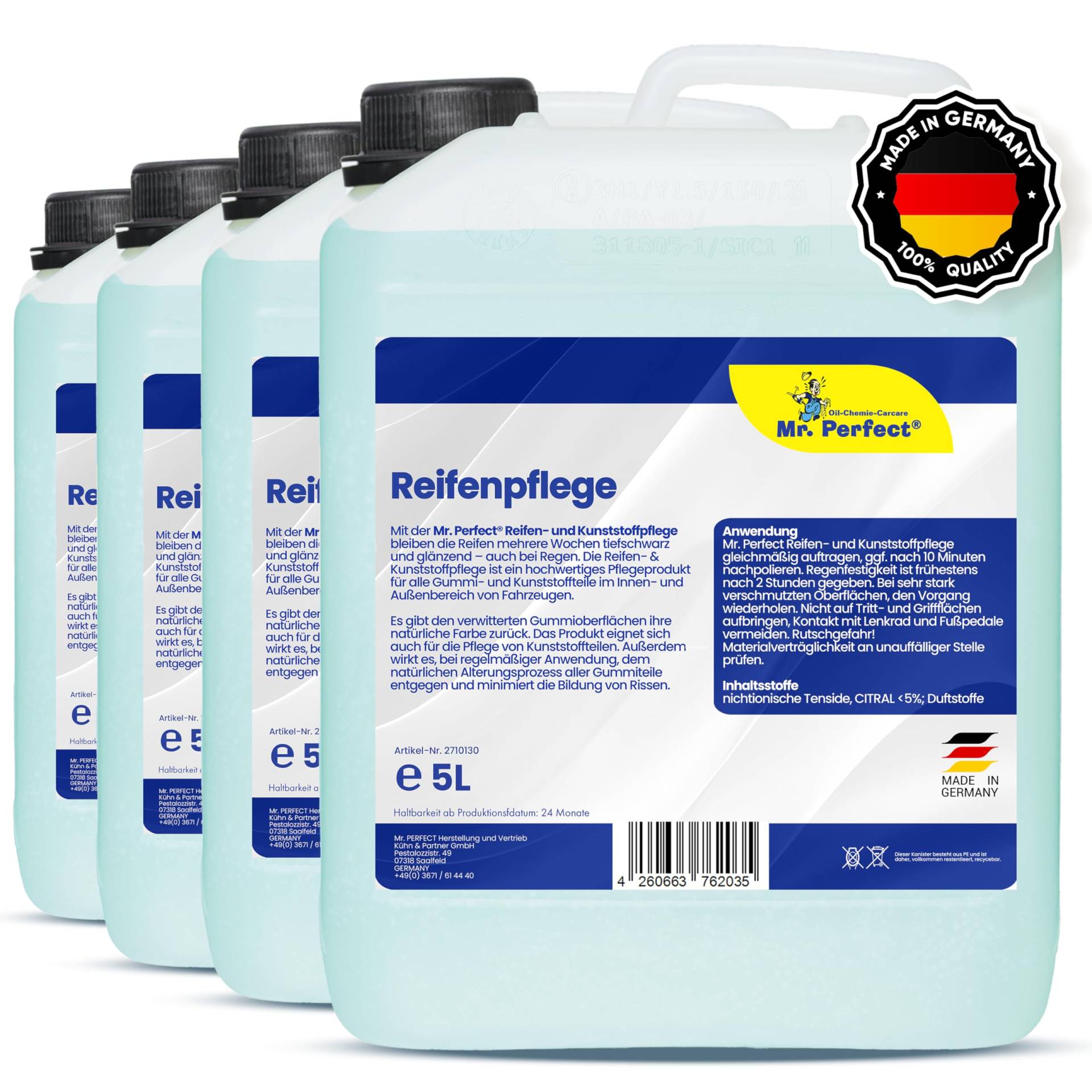 MR. PERFECT® 4x5L Reifenglanz - Auto Kunststoffpflege & Gummipflege für Außen - Schwarz - Reifenpflege für Reifenglanz - Autoreifen Pflege und Reifen Reiniger - Reifenschwarz Auto von MR. PERFECT