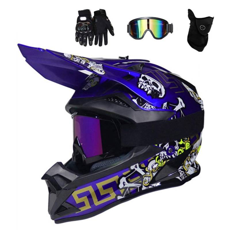 Blau/ Schädel - Motocross Helm mit Brille (4 Stück) Motorrad Crosshelm Herren Enduro MTB Helm Fullface Fahrrad Helm Cross Helm Motorradhelm für Downhill Bike BMX Off Road ATV,L von MRDEAR