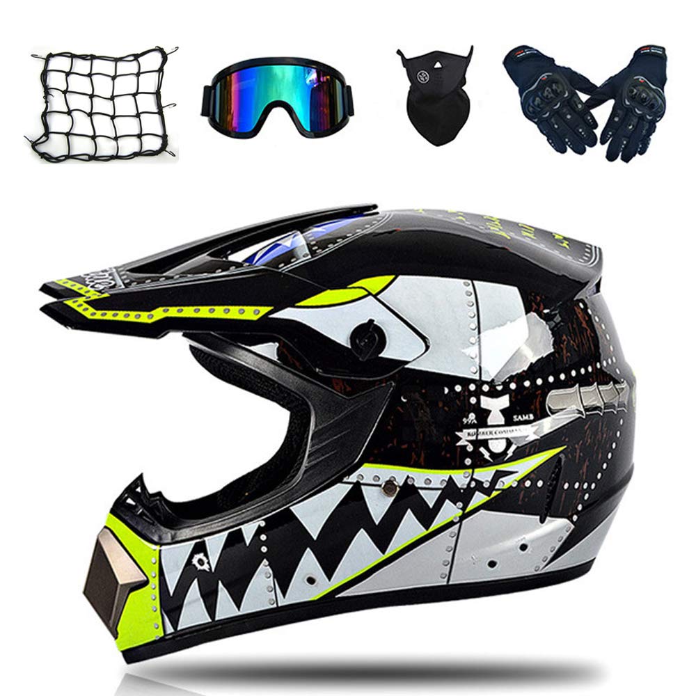 Hai Motorrad Crosshelm Kinder Motocross Helm Set Off Road Helm Motorradhelm Schutzhelm Kit für ATV Downhill MTB Sicherheit Schutz mit Brille Handschuhe Maske Motorrad Netz (5 Pcs),Schwarz,XL von MRDEAR