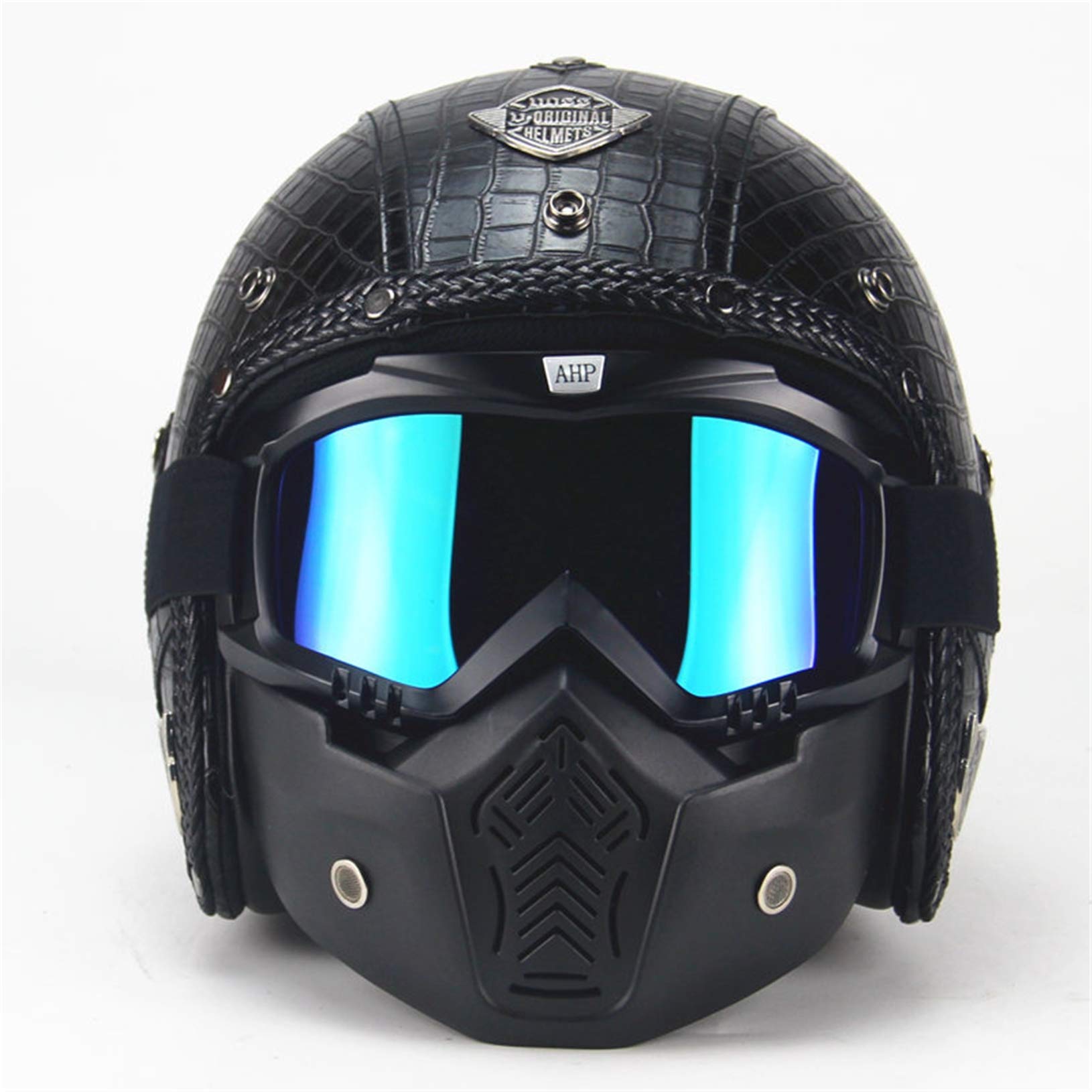 Krokodil Textur - Rollerhelm Vintage Schwarz Motorrad Jethelme Männer Retro Motorradhelm mit Visier Brille Maske, Handgemachtes PU-Leder Mofa-Helm Scooter-Helm Roller Chopper Vespa,M von MRDEAR