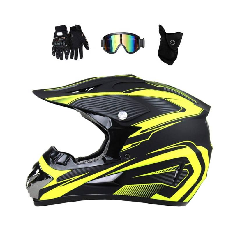 MRDEAR Downhill Helm mit Brille und Handschuhe (4 Stück) Cross Helm Kinder, Motocross Helm Schwarz und Gelb, Motorradhelm Crosshelme Schutzhelm für MTB Enduro Sport Sicherheit Schutz,XL von MRDEAR