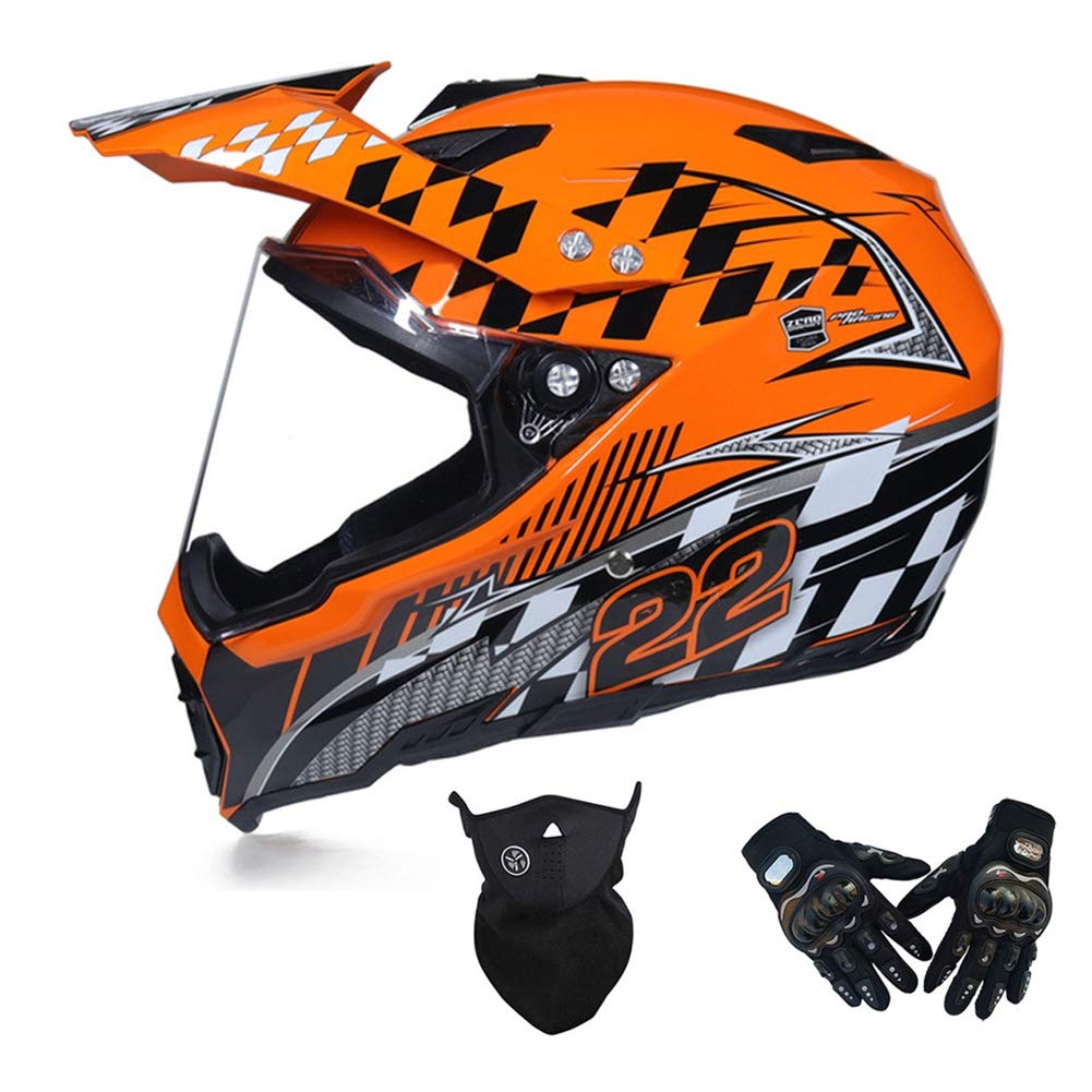 MRDEAR Fullface Motocross Helm Orange Visier Motorrad Crosshelm Set mit Handschuhe Maske, Motorradhelm Schutzhelm Sicherheit Schutz Kit für MTB Enduro Offroad BMX Downhill,M von MRDEAR