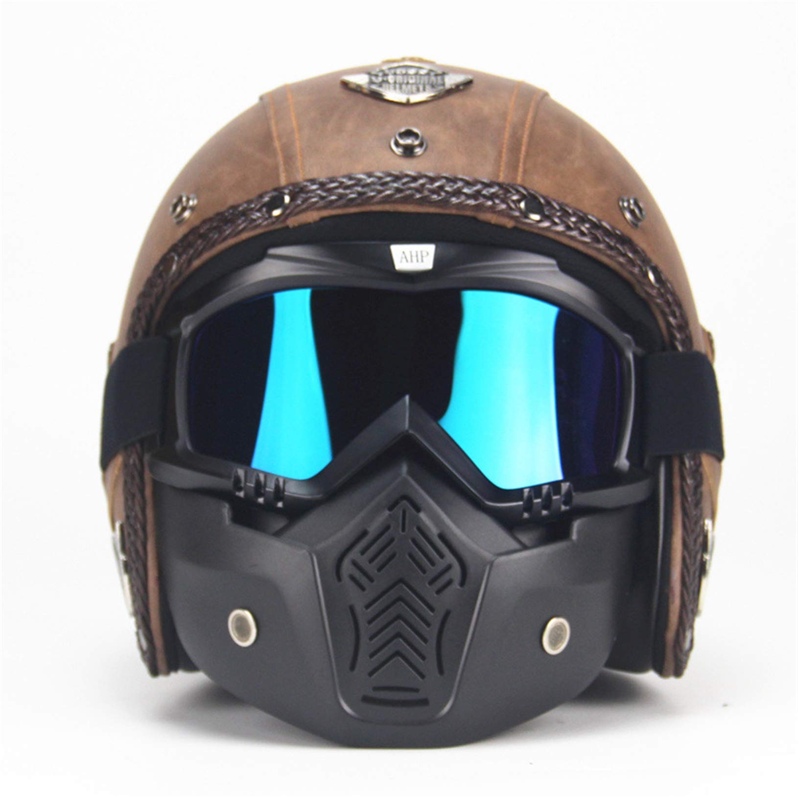 MRDEAR Jet-Helme Männer, Vintage Motorrad Roller-Helm Motorradhelm Retro Handgemachtes Braun PU-Leder Mofa-Helm Scooter-Helm Roller Chopper Vespa mit Visier Brille Maske,L von MRDEAR