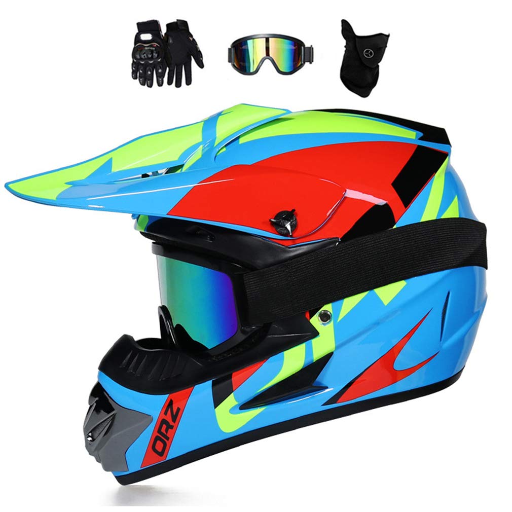 MRDEAR Kinder Motocross Helm Set Blau & Rot mit Brille Handschuhe Maske, Motorrad Crosshelm Off Road Helm Motorradhelm Schutzhelm für ATV Downhill MTB Sicherheit Schutz,L von MRDEAR