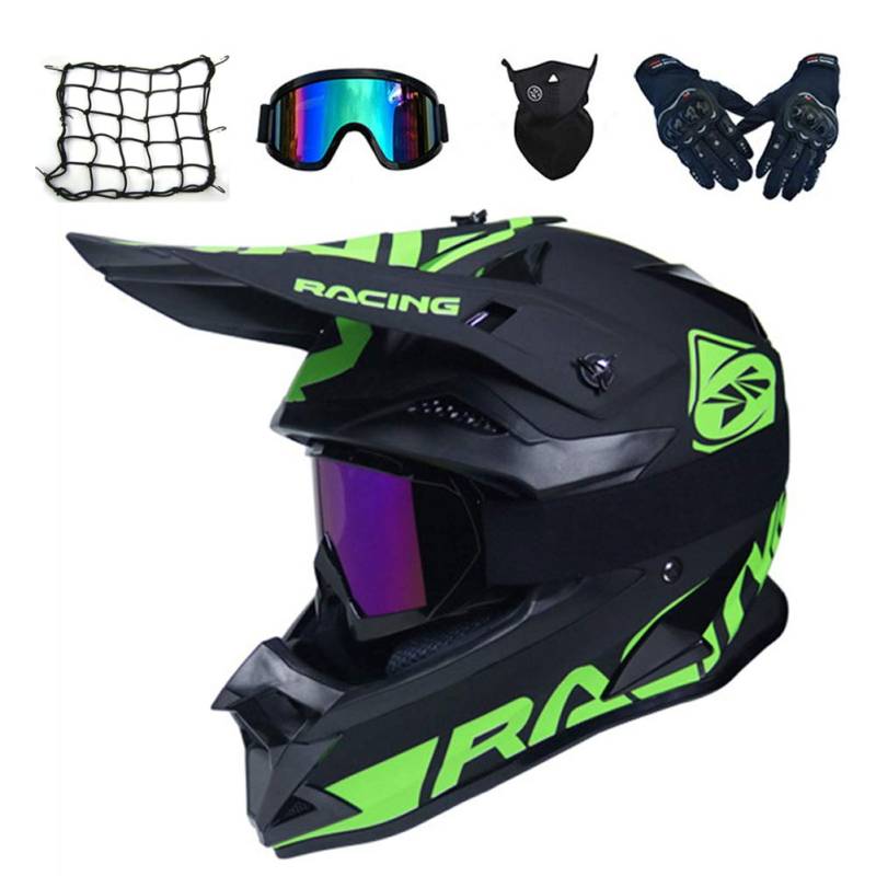 MRDEAR Motocross BMX Helm Matt Schwarz Motorrad Crosshelm Enduro MTB Helm Fullface Fahrrad Helm Cross Helm Motorradhelm Set mit Brille Handschuhe Maske Motorrad Netz - Großer Visieröffnung,A,M von MRDEAR