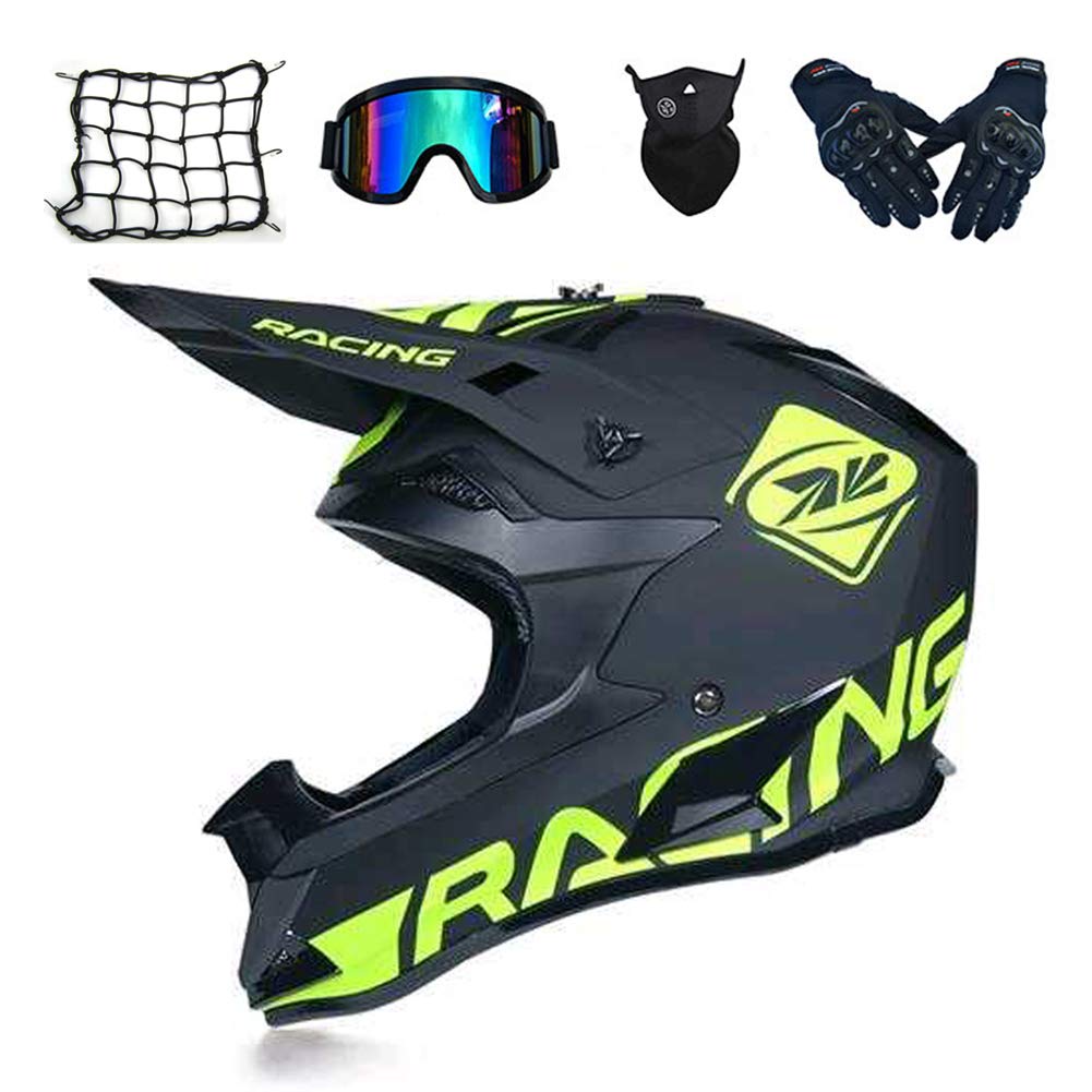 MRDEAR Motocross BMX Helm Matt Schwarz Motorrad Crosshelm Enduro MTB Helm Fullface Fahrrad Helm Cross Helm Motorradhelm Set mit Brille Handschuhe Maske Motorrad Netz - Großer Visieröffnung,B,S von MRDEAR