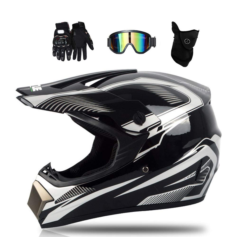 MRDEAR Motocross Helm Herren Schwarz, Fullface MTB Helm Crosshelm Erwachsener Kinder Mopedhelm Motorradhelm mit Brille Handschuhe Maske Motorrad Netz, 4 Pcs,S von MRDEAR