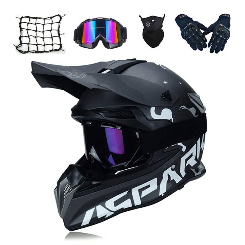 MRDEAR Motocross Helm Schwarz, Motorrad Crosshelm Set mit Brille Handschuhe Maske Motorrad Netz, VOMI Fullface MTB BMX Helm Motorradhelm Herren für Quad ATV Downhill Enduro Sport,L von MRDEAR