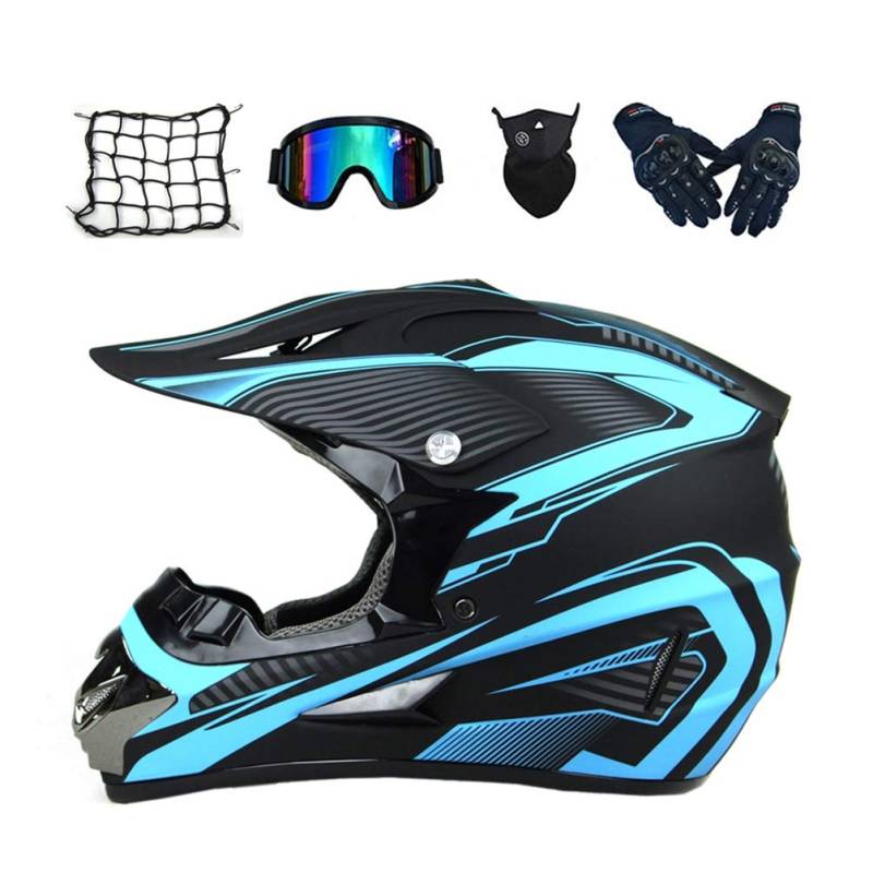 MRDEAR Motocross Helm Set (5 Stück/ Schwarz und Blau) Cross Helm mit Handschuhe Brille Maske Motorrad Netz, Crosshelm Motorradhelm Off Road Downhill Helm ATV Dirt Bike Pocket Bike Helm,S von MRDEAR