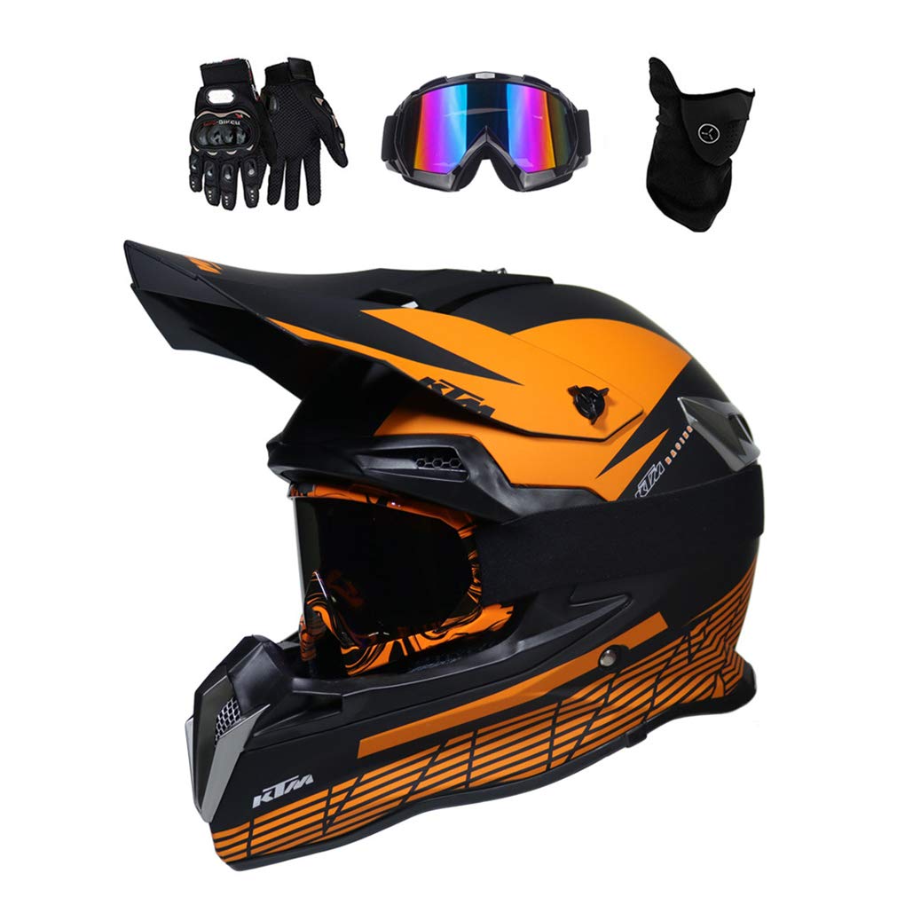 MRDEAR Motocross-Helm Set - Orange Schwarz - Motorrad Cross Helm mit Brille Handschuhe Maske, Fullface MTB Helm Adult Schutzhelm Motorradhelm Sicherheit Schutz (M) von MRDEAR