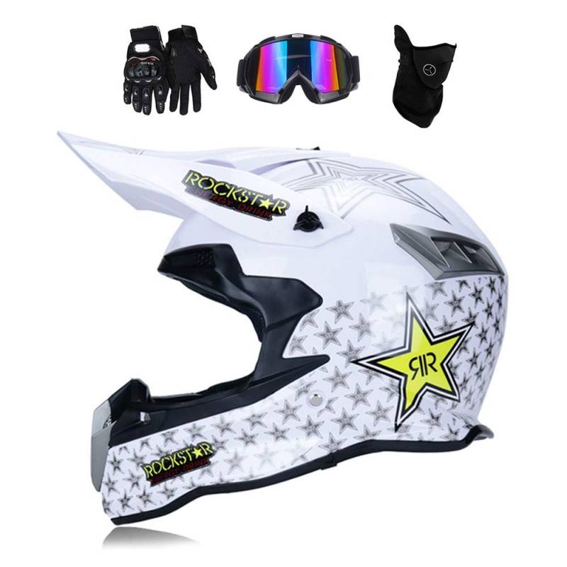 MRDEAR Motocross Helm Weiß/ Rockstar, Motorrad Off Road Crosshelm mit Brille Handschuhe Maske, Enduro MTB Helm Fullface Fahrrad Helm Cross Helm Motorradhelm für Downhill Bike ATV BMX,L von MRDEAR