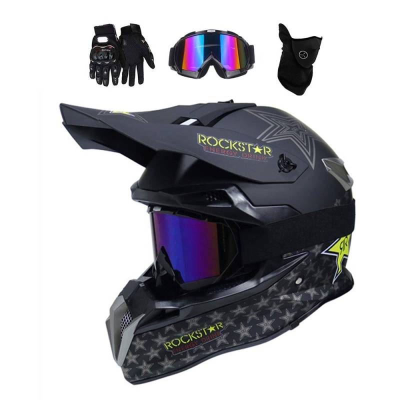 MRDEAR Motocross Helm mit Brille (4 Stück/ Rockstar) Downhill Helm Motorrad Crosshelm Herren Damen Cross Fullface MTB Helm Mopedhelm Motorradhelm für Sicherheit Schutz, 3 Arten,A,M von MRDEAR