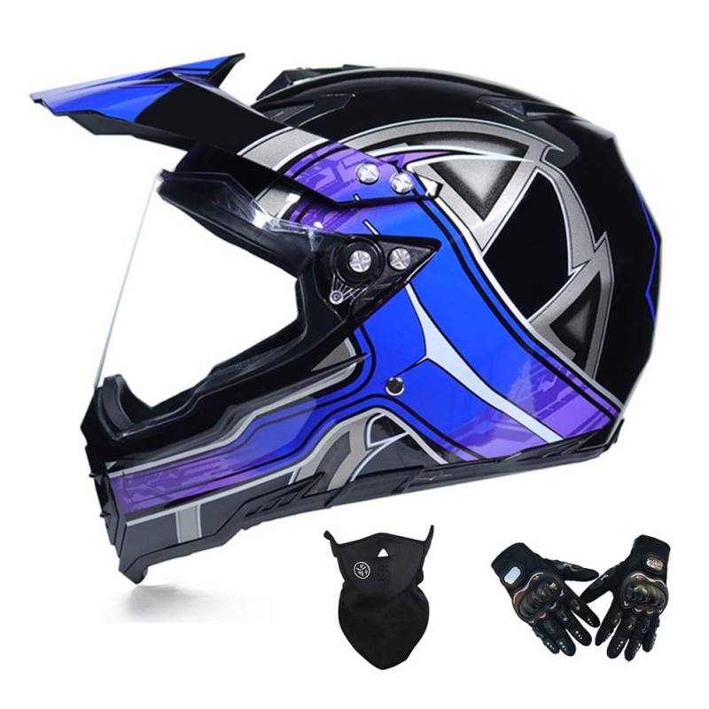 MRDEAR Motocross Helm mit Visier, Motorrad Crosshelm/ Handschuhe/ Maske, Motorradhelm Schwarz Blau Off Road Helm Fullface MTB Schutzhelm für Herren Damen Sicherheit Schutz,M von MRDEAR