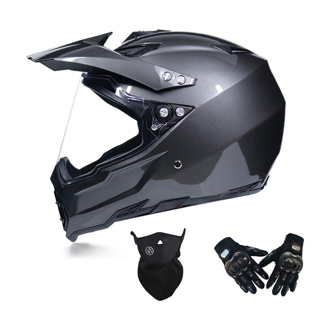 MRDEAR Motocross Helm mit Visier - Handschuhe/ Maske - Motorrad Crosshelm Herren Fullface MTB Helm Crossbike Off Road Helm Cross Helm Motorradhelm Schutzhelm Sicherheit Schutz, Grau,M von MRDEAR