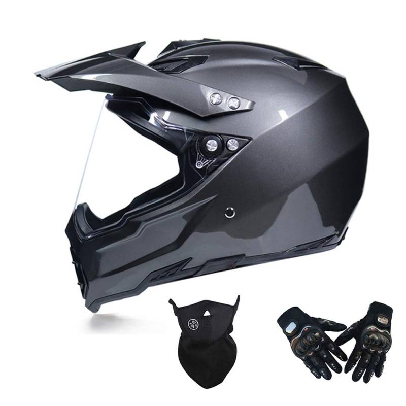 MRDEAR Motocross Helm mit Visier - Handschuhe/ Maske - Motorrad Crosshelm Herren Fullface MTB Helm Crossbike Off Road Helm Cross Helm Motorradhelm Schutzhelm Sicherheit Schutz, Grau,M von MRDEAR