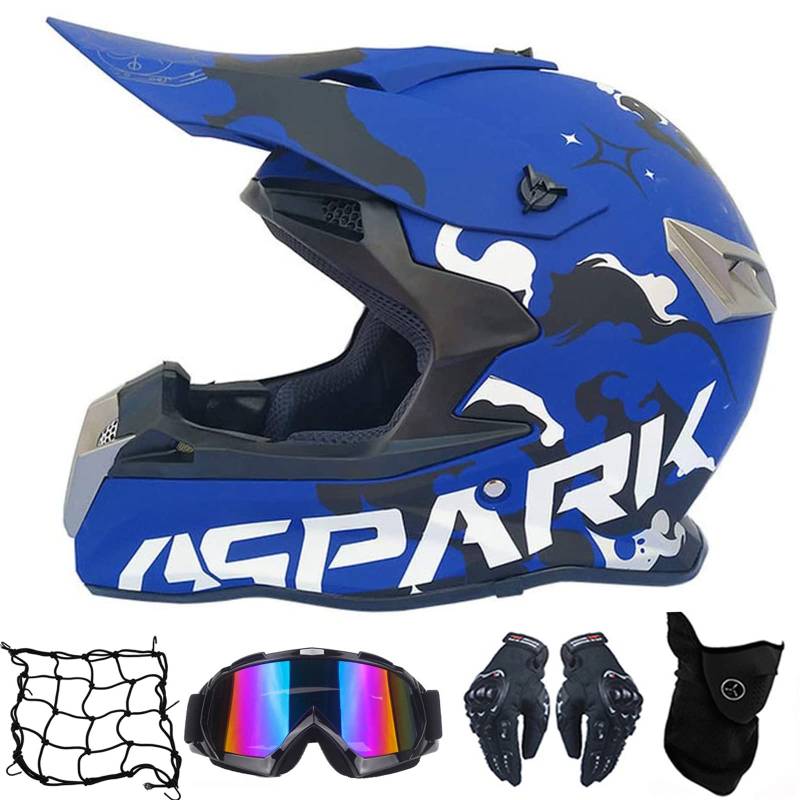 MRDEER Motorrad Crosshelm Damen Motocross Helm mit Brille (5 Stück), Blau, Off Road Helm Kit Motorradhelm Schutzhelm für ATV Downhill MTB Sicherheit Schutz,XL von MRDEAR