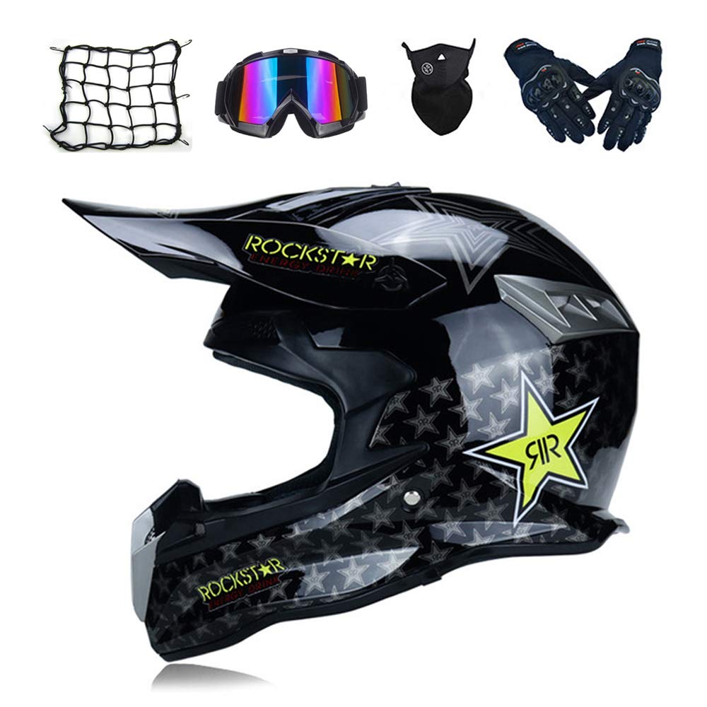 MRDEAR Motorrad Crosshelm Rockstar Motocross Helm mit Brille Handschuhe Motorrad Netz, Cross Downhill Helm Fullface MTB Helm Mopedhelm Motorradhelm für Sicherheit Schutz, 3 Arten,C,S von MRDEAR