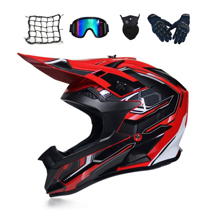 MRDEAR Motorrad Crosshelm Schwarz Rot, Motocross Helm Set mit Brille Handschuhe Maske Motorrad Netz (5 Stück) Fullface Cross Helm Motorradhelm Off Road Downhill ATV Pocket Dirt Bike Helm,S von MRDEAR