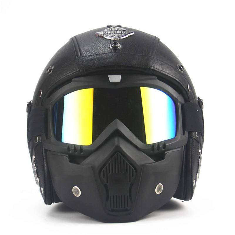 MRDEAR Motorrad Jethelme Vintage Schwarz Retro Mofa-Helm Rollerhelm Handgemachtes PU-Leder Scooter-Helm Roller Chopper Vespa Sturz-Helm Motorradhelm Damen Herren mit Visier Brille Maske,M von MRDEAR