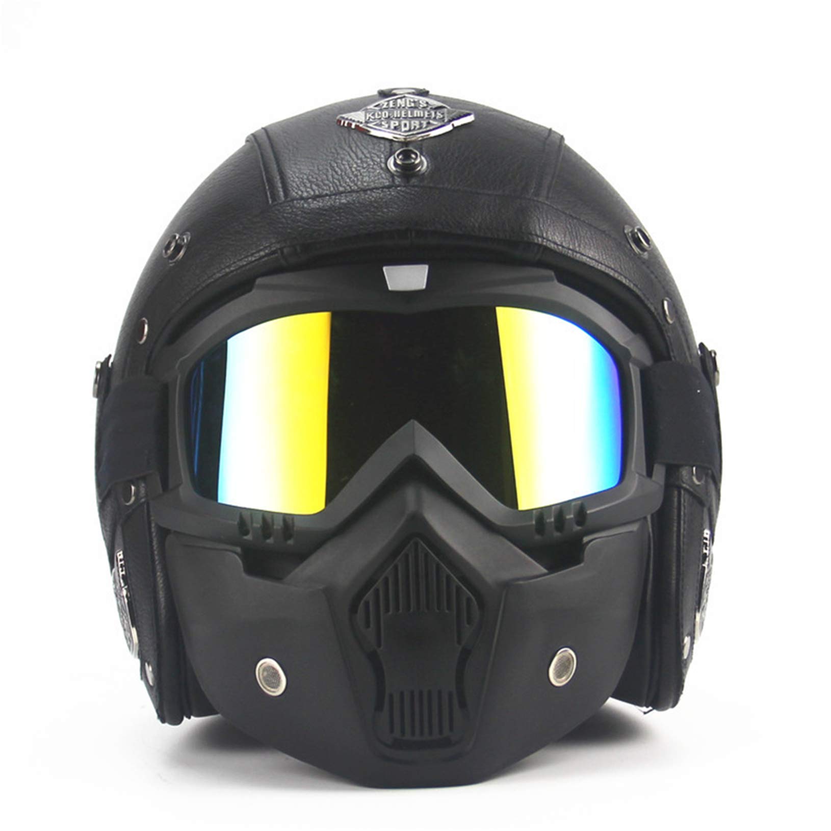 MRDEAR Motorrad Jethelme Vintage Schwarz Retro Mofa-Helm Rollerhelm Handgemachtes PU-Leder Scooter-Helm Roller Chopper Vespa Sturz-Helm Motorradhelm Damen Herren mit Visier Brille Maske,S von MRDEAR