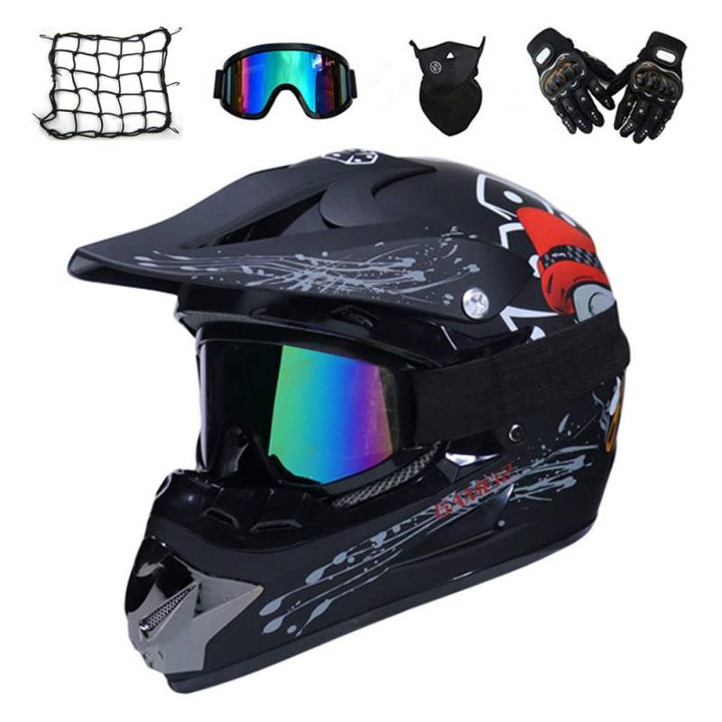 MRDEAR Motorradhelm, Erwachsener Motocross Helm Schwarz/ Schädel, Crosshelm mit Brille Handschuhe Maske Motorrad Netz, Fullface MTB Helm Mopedhelm für Damen Herren,L von MRDEAR