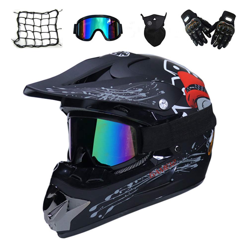 MRDEAR Motorradhelm, Erwachsener Motocross Helm Schwarz/ Schädel, Crosshelm mit Brille Handschuhe Maske Motorrad Netz, Fullface MTB Helm Mopedhelm für Damen Herren,S von MRDEAR