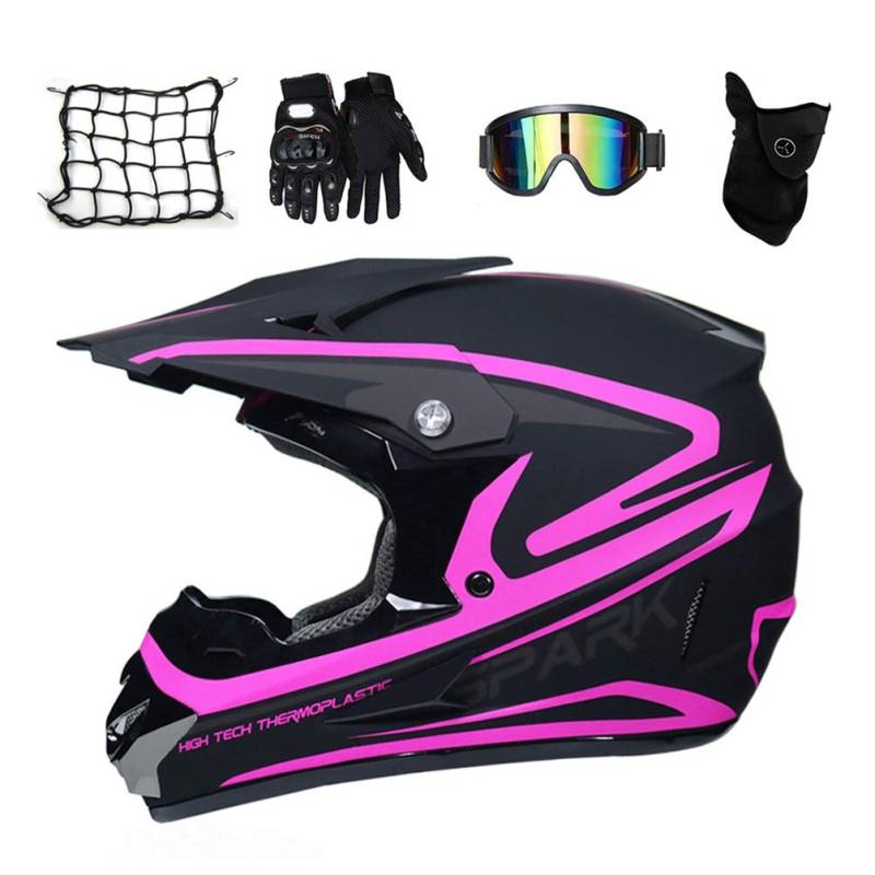 MRDEAR Motorradhelm Damen, Motocross Helm Kinder Crosshelm mit Brille Handschuhe Maske Motorrad Netz Fullface MTB Helm Mopedhelm Set für ATV Downhill Enduro Sicherheit Schutz, Schwarz und Pink,L von MRDEAR