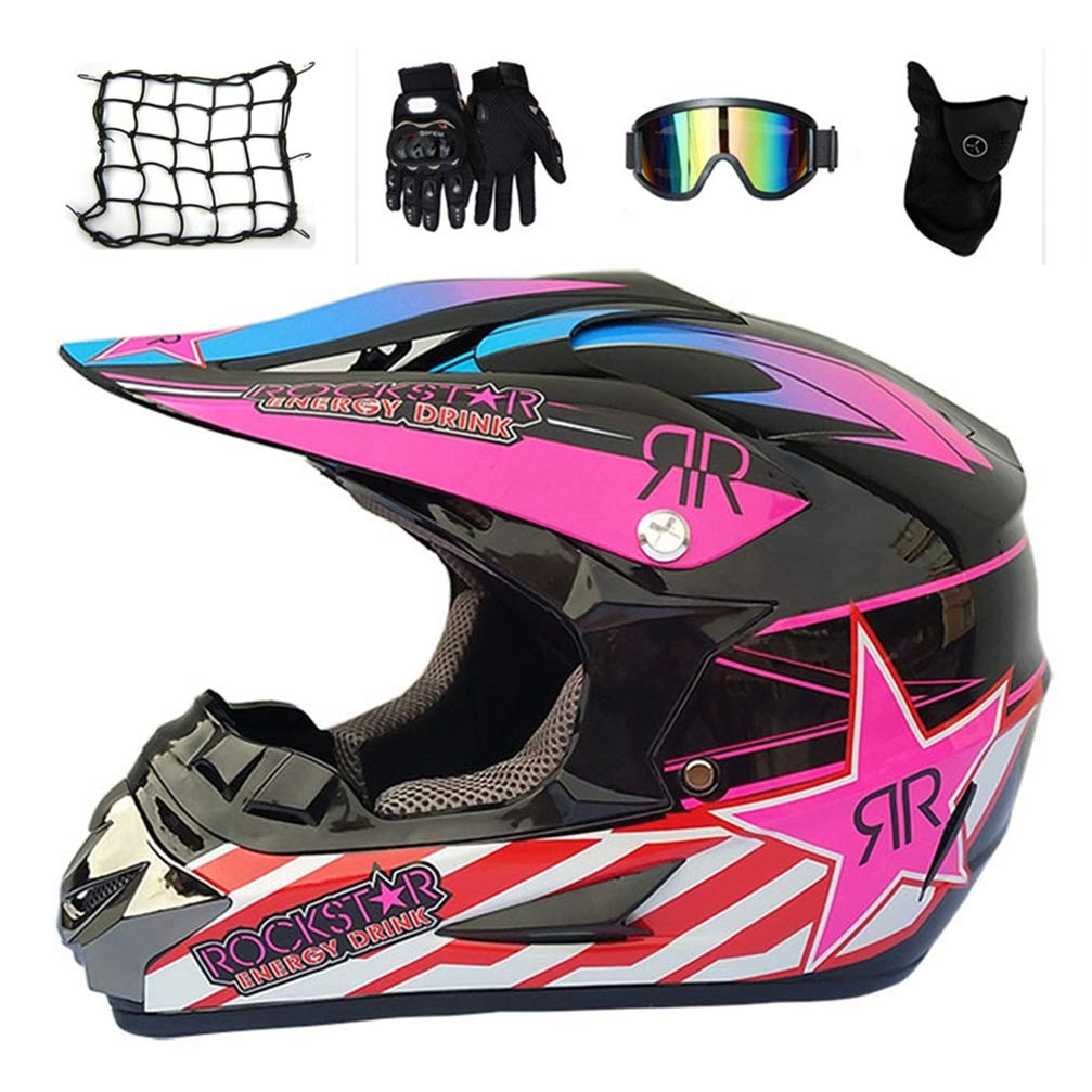 MRDEAR Motorradhelm Motocross Helm Damen mit Motorrad Netz Brille Handschuhe Maske, Schwarz und Pink/Rockstar, Adult Off-Road Enduro MTB Helm Fullface Crosshelm Schutzhelm Sicherheit Schutz,M von VOMI