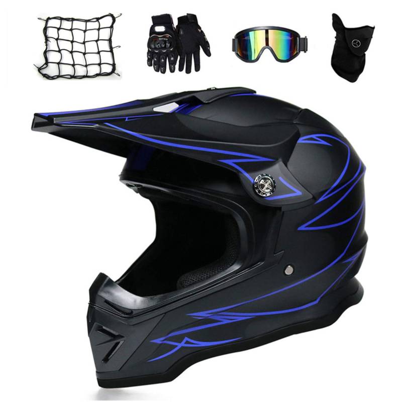 MRDEAR Off Road Helm mit Brille Handschuhe Maske Motorrad Netz, Motocross Helm Set Motorrad Crosshelm Herren Mopedhelm Motorradhelm Enduro ATV Downhill MTB, Schwarz Blau,S von MRDEAR