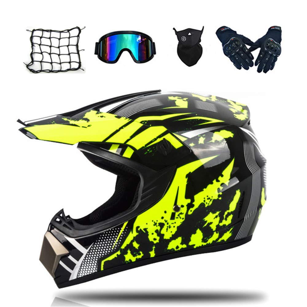 Motocross Helm, MRDEAR Fullface MTB Helm Motorrad Crosshelm mit Brille (5 Stück) Off Road Schutzhelm Motorradhelm für Kinder Herren Damen Sicherheit Schutz, DOT-Zertifikat, 3 Stile Verfügbar,Gelb,M von MRDEAR