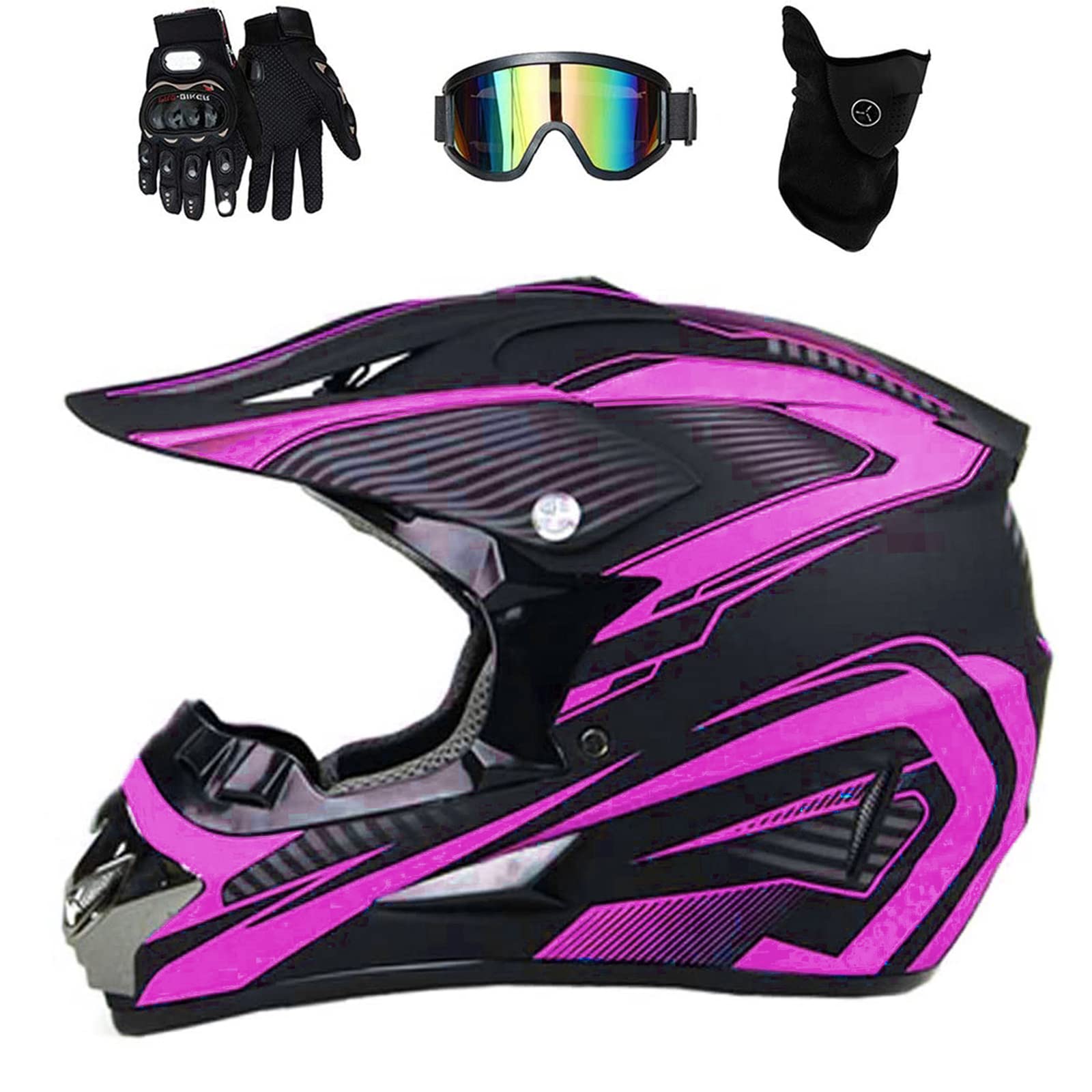 Motocross Helm Damen, Schwarz und Lila, Motorrad Cross Helm mit Brille/ Handschuhe/ Maske, Crosshelm Kinder Fullface MTB Helm Mopedhelm Motorradhelm für Offroad Enduro Downhill Pocket Dirt Bike,L von MRDEAR