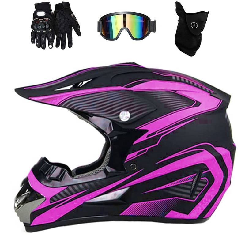 Motocross Helm Damen, Schwarz und Lila, Motorrad Cross Helm mit Brille/ Handschuhe/ Maske, Crosshelm Kinder Fullface MTB Helm Mopedhelm Motorradhelm für Offroad Enduro Downhill Pocket Dirt Bike,S von MRDEAR