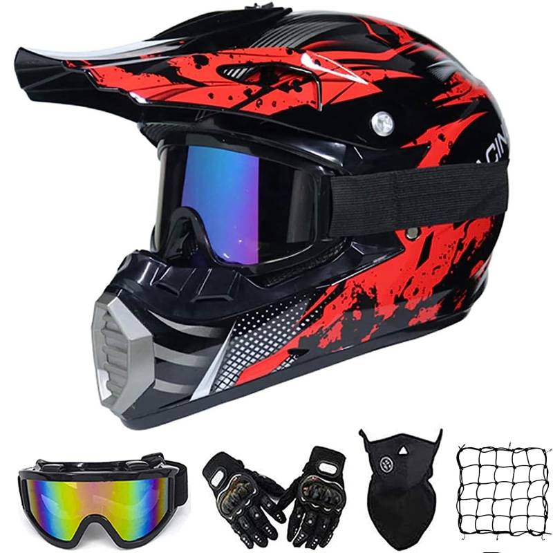 Motocross Helm Damen Rot Schwarz mit Brille/ Handschuhe/ Maske, Motorrad Crosshelm Adult Fullface-Helm Motorradhelm Enduro MTB Off Road Downhill Mountainbike BMX Bike ATV Cross-Country,M von MRDEAR