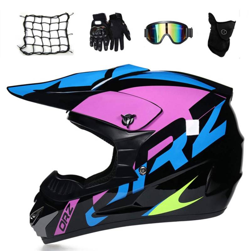 Motocross Helm Damen Schwarz Lila Motorrad Crosshelm Kinder Set (5 Stücke/ Brille/ Handschuhe/ Maske/ Motorrad Netz) Motorradhelm Schutzhelm Set für Off Road ATV Downhill MTB,L von MRDEAR