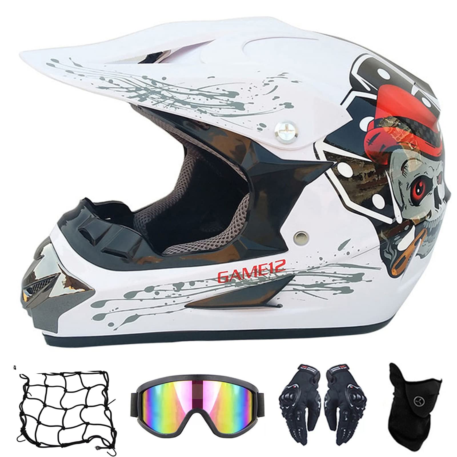 Motocross Helm Herren Weißer Schädel, Motorrad Crosshelm mit Visier Brille Handschuhe Maske Motorrad Netz, Fullface MTB Helm Motorradhelm Mopedhelm für ATV Downhill Sicherheit Schutz,L von MRDEAR